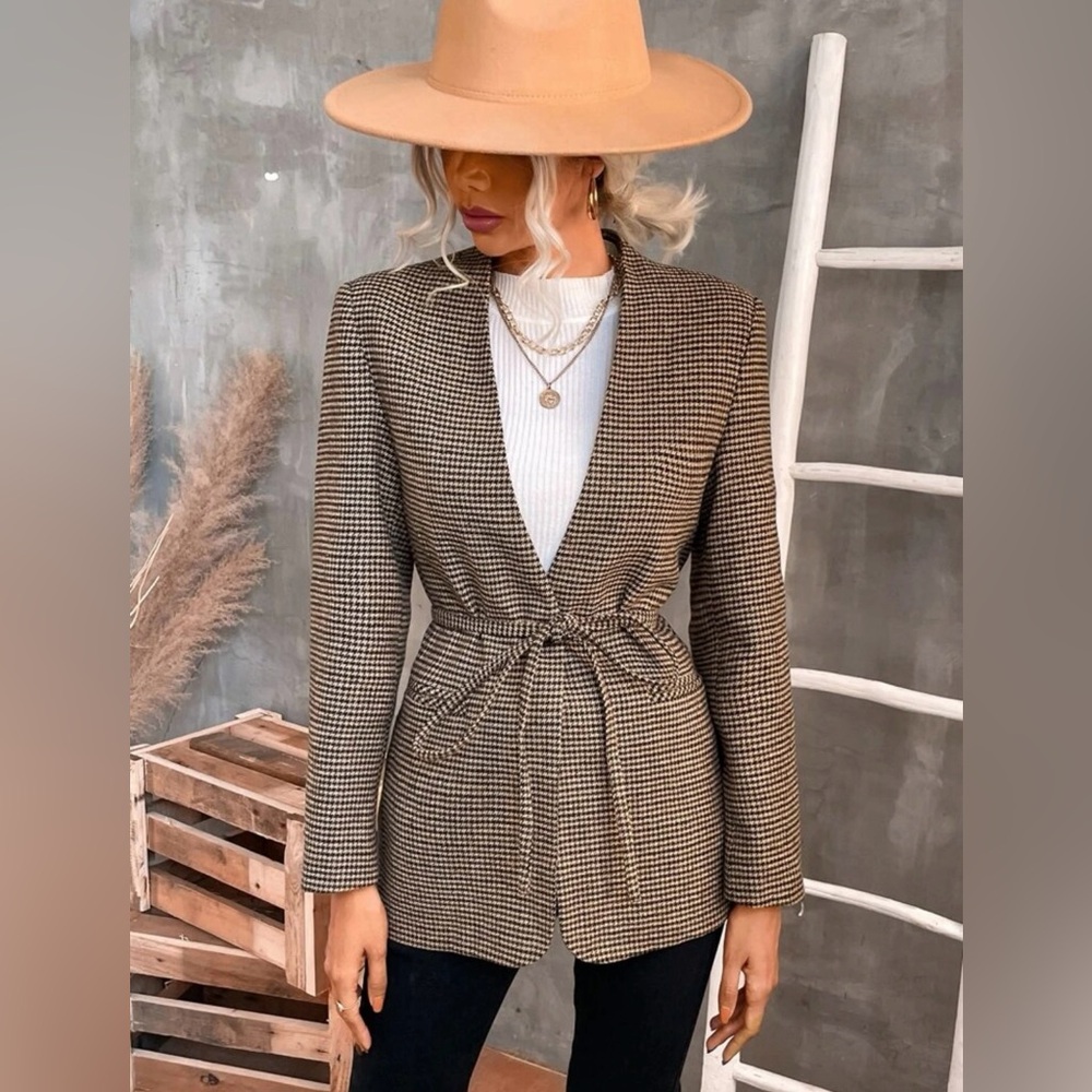 SHEIN houndstooth single belted blazer small